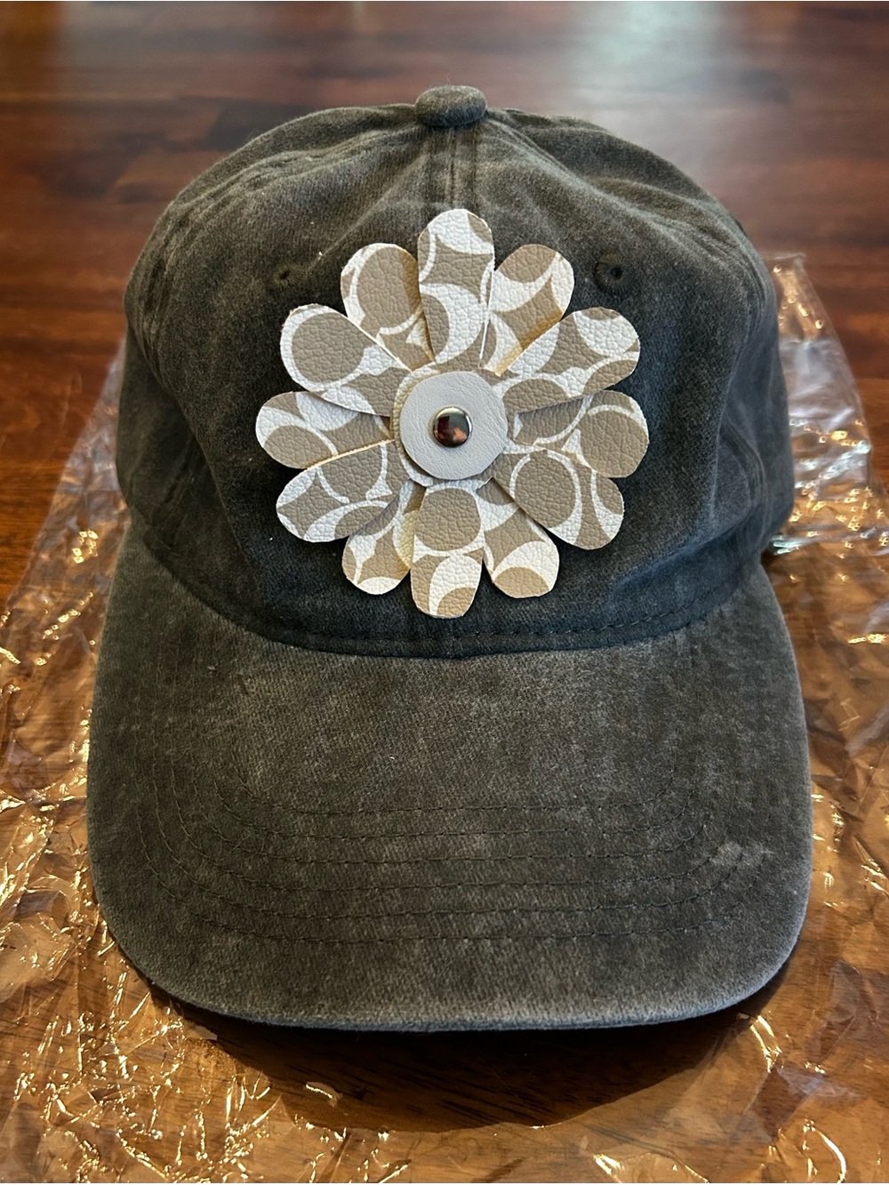 Dark Grey Cotton Baseball Cap with Cream Flower Applique Adjustable NWOT